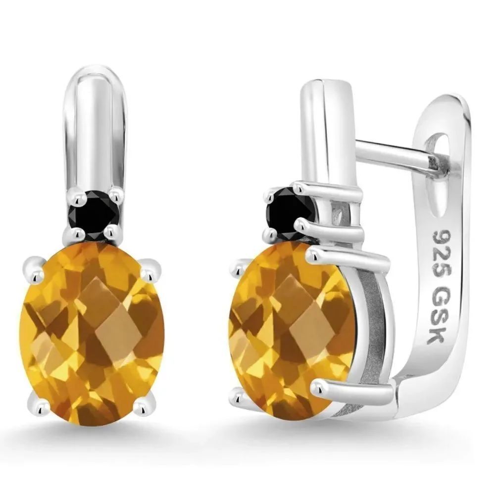 925 Sterling Silver with 3.33 Cttw Madeira Citrine and Black Diamond Earrings